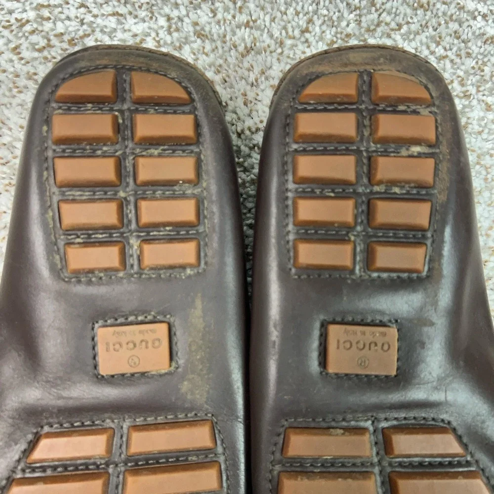 Gucci Mens Shoes Size 7.5 Brown Leather Canvas Loafers Slip On GG Monogram Italy